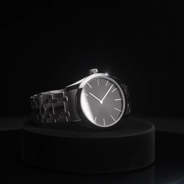 Square product spot of a luxury wristwatch rotating on a black pedestal, dramatic rim lighting sweep, dust particles in the beam, deep ambient tone
