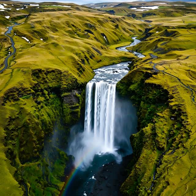 the waterfall cascades naturally, mist rising and catching the light, ferns swaying softly