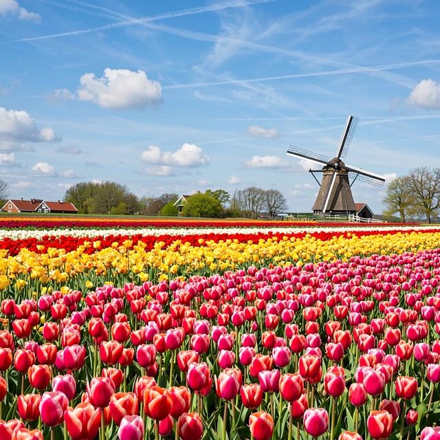 rows of tulips sway in the breeze, the windmill blades turn slowly, clouds drifting across the blue sky