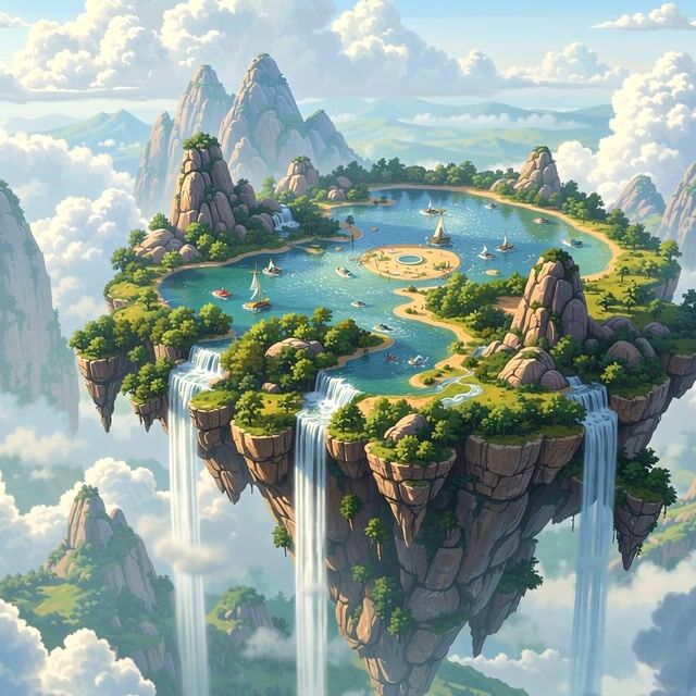 waterfalls spill off the floating island into the clouds below, slow cinematic push-in, drifting mist