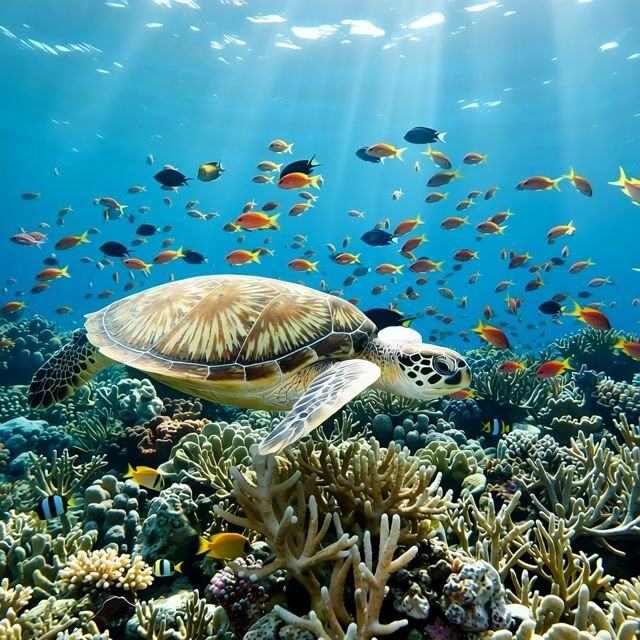 tropical fish dart through the reef, the sea turtle glides slowly past, sun rays shimmering underwater