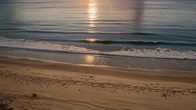 a calm ocean shoreline at golden hour, slow aerial glide over the rolling waves