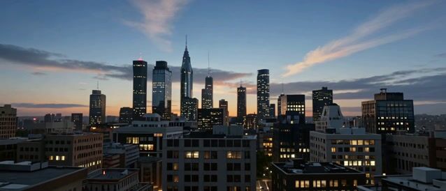 city skyline at dusk, slow camera tilt up, glowing windows and passing clouds