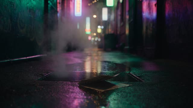 A slow cinematic dolly through a rain-soaked neon alley at night. Steam curls from a grate, reflections shimmer in the puddles, a paper flyer lifts in the draft. Moody teal and magenta light, shallow depth of field, 35mm film grain. Audio: rain on metal, distant traffic hum. No music.