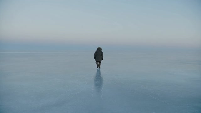 A lone figure in a heavy coat walks away from camera across a frozen lake at dawn. Cracks web out beneath each footstep. Vast pale sky, minimal palette of white and slate blue, extreme wide shot holding still. Audio: ice groaning, boots crunching, thin wind.
