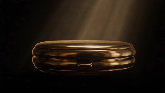 Macro shot of an antique brass pocket watch. The case unfolds layer by layer into interlocking gear rings, volumetric dust drifting through a single hard light beam. The camera pushes slowly between the gears. Hyper-real metal texture, deep amber tones. Audio: precise mechanical ticking.