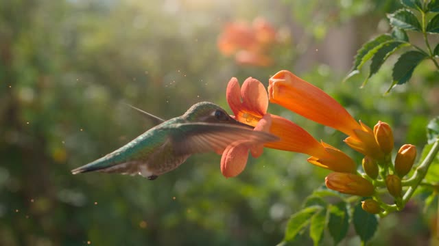 A hummingbird hovers at a trumpet vine in extreme slow motion, wings blurred into a soft disc, pollen suspended in the air around it. Sunlit garden background melts into creamy bokeh. Nature-documentary clarity. Audio: faint wingbeat thrum, soft garden ambience.