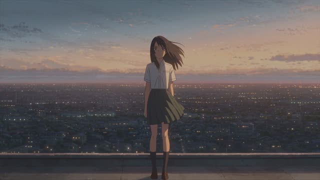 Anime-style wide shot of a girl on a rooftop at dusk, uniform skirt and hair lifting in the wind, city lights coming on below her in layers. Cel-shaded with painted clouds, warm rim light, subtle film grain. Audio: wind, faint city hum, a train bell far off.