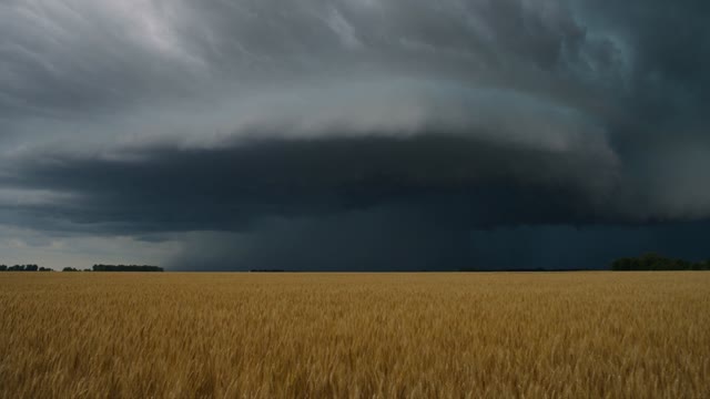 A thunderstorm builds over open wheat fields, shot as a locked-off wide. Cloud towers churn upward, the wheat goes silver as the wind turns it, first lightning flickers inside the anvil. Natural contrast, high dynamic range. Audio: low thunder rolling, wind rising in the crop.