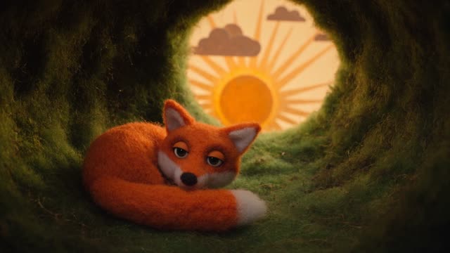 Stop-motion-style shot of a tiny felt fox waking in a moss-lined burrow, stretching, then peering out at a paper-cut sunrise. Visible fabric fibre and handmade texture, warm practical lighting, slight frame judder. Audio: gentle rustle, a soft woodwind phrase.