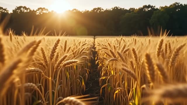 a golden wheat field glowing in the late afternoon sun, swaying in the wind, slow dolly