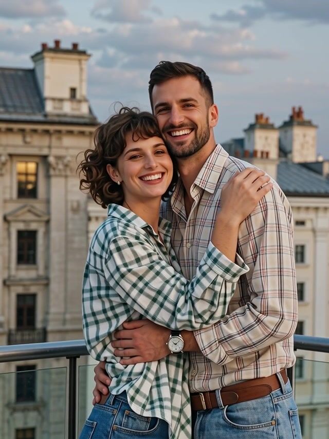 the couple shares a soft laugh and a gentle embrace, warm sunset light flickering, hair in the breeze