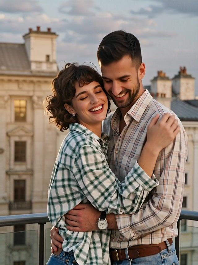 the couple shares a soft laugh and a gentle embrace, warm sunset light flickering, hair in the breeze