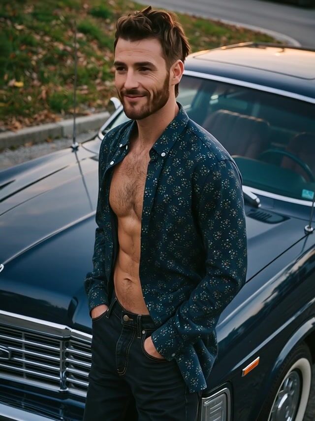 he turns toward the camera with a confident look, shirt and hair moving in the evening breeze