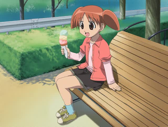 A lost comedic cut from an early-2000s Japanese TV anime: a girl with orange twin-tails sits on a park bench holding a tall three-scoop ice cream cone. She leans in to lick it, the scoops slip off and land on the pavement one by one, and she freezes in the licking pose before collapsing into comical despair. Traditional hand-drawn cel animation, flat pastel colors, held key poses, deadpan comedic timing.