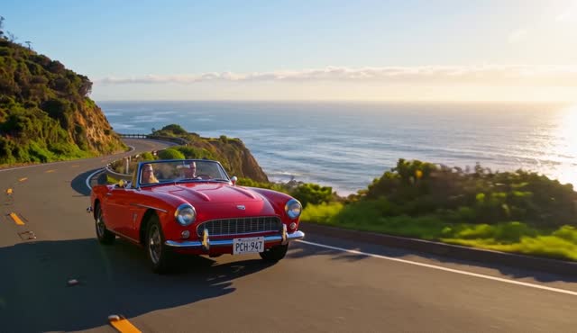 A red vintage convertible drives along a coastal road at golden hour, camera tracking alongside, ocean sparkling below. Engine hum and wind. Cinematic photorealistic style.