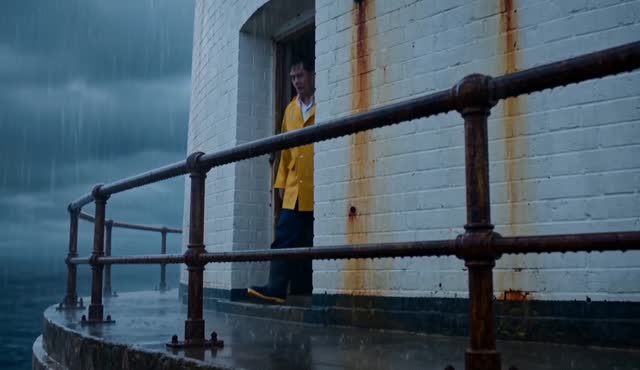 A lighthouse keeper in a yellow raincoat steps onto the gallery of a lighthouse in wind and rain at dusk. One continuous take, slow push in. Wind gusts and rain rattle on metal. No background music.