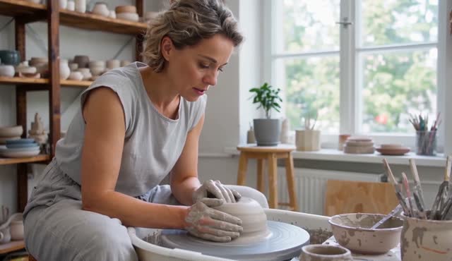 A ceramic artist shapes a bowl on a spinning wheel in a bright studio. One continuous take, slow orbit right. The wet clay hums under her hands. Quiet studio room tone.