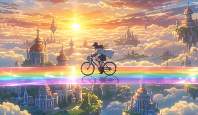 Anime style: a courier girl on a bicycle races across a rainbow bridge above a floating city at sunrise, cape streaming. Uplifting orchestral score.
