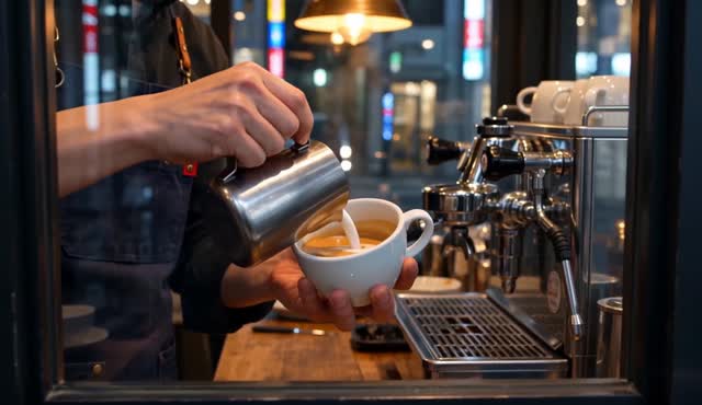 A barista pours latte art in a narrow Tokyo cafe at night, neon reflecting in the window. Close-up on the cup, slow push in. Espresso machine hiss and quiet jazz.