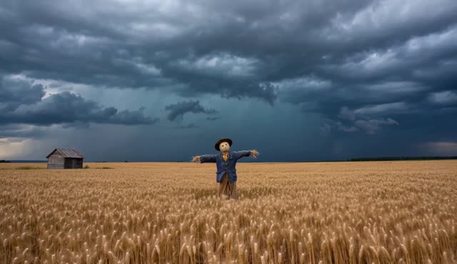 Timelapse feel: storm clouds roll over a wheat field, light sweeping across the stalks, a scarecrow holding steady in the wind. Wide locked-off shot. Rising wind.