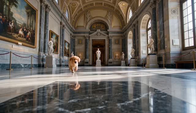 A golden retriever puppy discovers its reflection in a polished marble floor of a grand museum hall. Fixed low camera. Echoing footsteps and a curious whine.