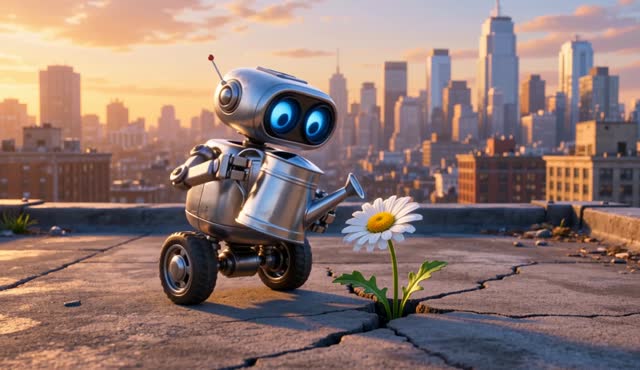 3D animation style: a tiny robot waters a single daisy growing from a crack in a rooftop, city skyline behind. One continuous take. Gentle music-box melody.