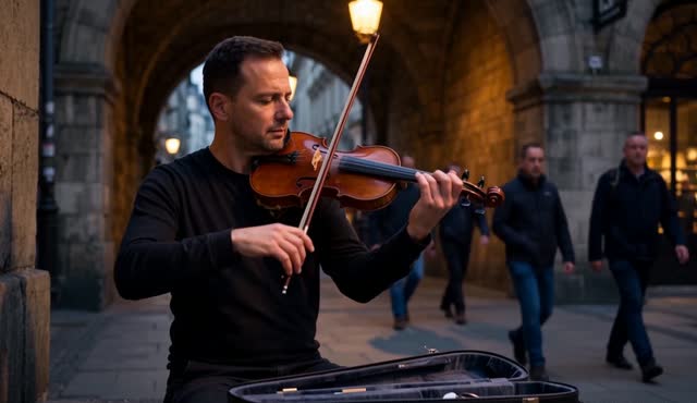 A street violinist plays under an archway as evening commuters pass, coins dropping into an open case. Medium shot, shallow depth of field. The violin carries the scene.