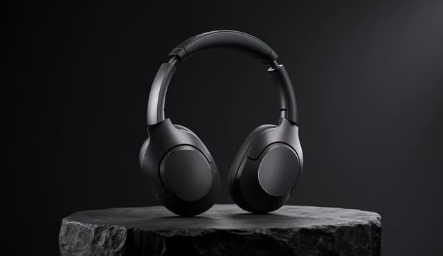 Product spot: a matte black wireless headphone rotates slowly on a stone plinth, studio light sweeping across the earcups. Fixed camera. Low elegant electronic pulse.