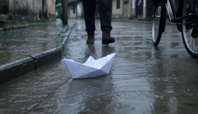 A paper boat rides a rain gutter stream through a village street, camera following at water level, past boots and bicycle wheels. Rain patter and rushing water. One continuous take.