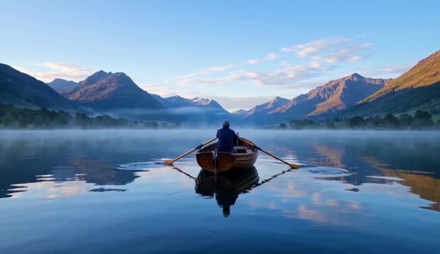 A fisherman rows a wooden boat across a mirror-still mountain lake at first light, ripples spreading behind. Wide tracking shot. Oars creak and water drips.
