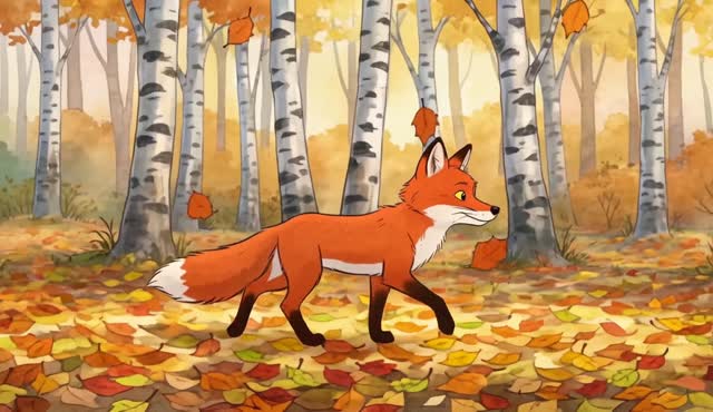 Watercolor illustration style: a fox trots through falling autumn leaves in a birch forest, pausing to look back at the camera. Gentle acoustic guitar.