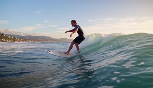 A surfer catches a glassy wave at sunrise, camera low in the water as spray catches the light. The wave builds and breaks. Ocean roar. No dialogue throughout the entire video.