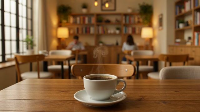 a cozy cafe interior with steam rising from a coffee cup, soft rack focus