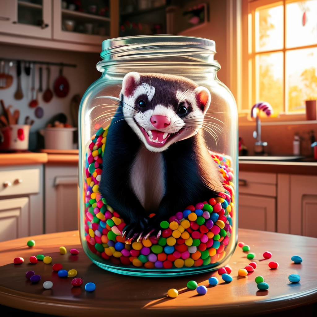 A mischievous ferret with a playful grin squeezes itself into a large glass jar, surrounded by colorful candy. The jar sits on a wooden table in a cozy kitchen, and warm sunlight filters through a nearby window
