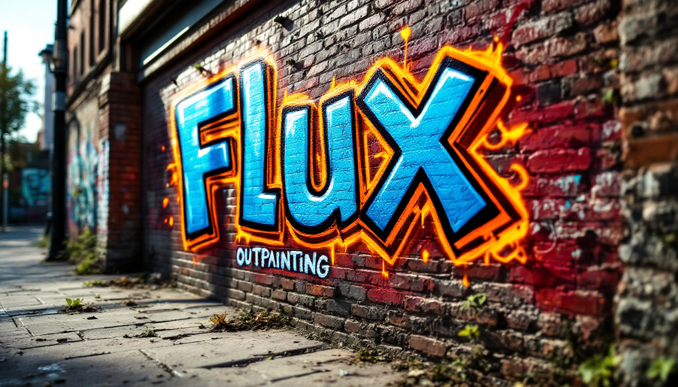 A gritty urban scene featuring a weathered brick wall adorned with vibrant graffiti. The graffiti art prominently displays the bold, stylized text "Flux OUTPAINTING" in a mix of electric blue and fiery orange hues, creating a striking contrast against the muted red and brown tones of the brick. Sunlight filters through, casting soft shadows and highlighting the textures of the coarse brick surface and the layered paint of the graffiti. The composition captures a slightly angled perspective, emphasizing the boldness of the artwork while also revealing the detailed imperfections of the wall. The overall mood is energetic and defiant, reflecting the spirit of street art in a bustling city environment, with hints of urban decay and a sense of creative rebellion.