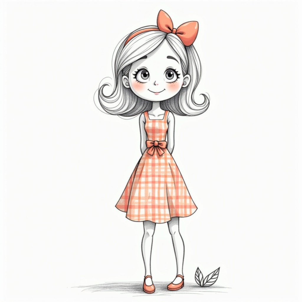 This image is a pencil sketch, which is evident from the visible strokes and shading. The art style is whimsical and cartoonish, with exaggerated features such as the large eyes and the oversized head compared to the body. The subject of the drawing is a female figure standing with her hands clasped behind her back. She has a cheerful expression with a wide smile and her eyes are looking to the side.The medium used appears to be graphite pencils, as suggested by the varying shades and the texture of the strokes. The drawing is not colored, but there are indications of where colors might be added, such as the peach tones on the dress and the blush on the cheeks.The subject is wearing a kneelength dress with a checkered pattern in shades of peach and white. The dress has a fitted bodice with a belt cinching the waist, and a flared skirt that ends just above the knees. The dress is detailed with a bow at the waist, adding a touch of elegance.The figures hair is styled in a voluminous fashion, with a side parting and a bow at the top, which matches the bow on the dress. The hair cascades down her back and shoulders, with the ends curling slightly.The background is minimalistic, with a few simple lines that suggest the ground and a small, sketched leaf to the right side of the figure. There is no indication of a specific setting or environment, focusing the viewers attention solely on the subject.