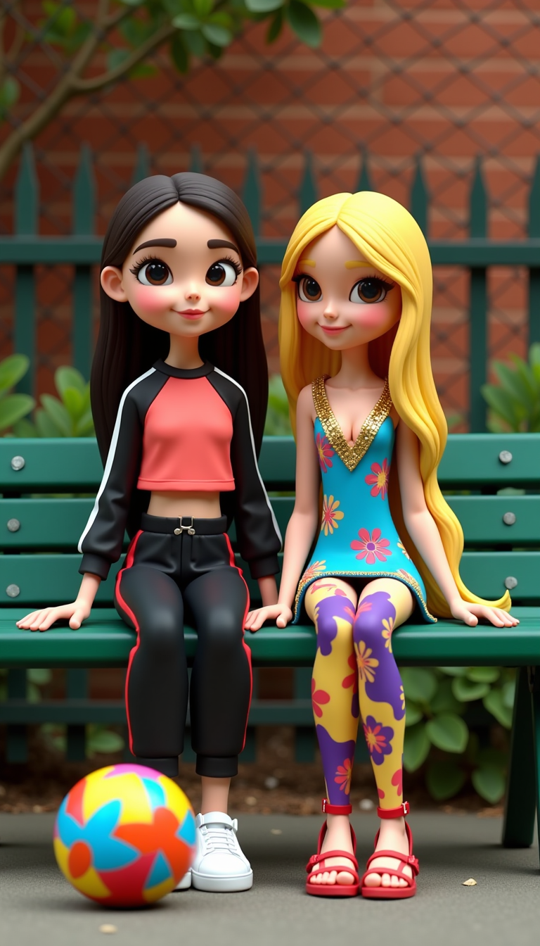 Claymation. This image is a portrait of two stylized cartoon individuals seated on a green metal park bench.  The subject on the left is wearing a coralcolored longsleeve top with black and white accents, paired with black trousers featuring red side panels. This outfit has a sporty, athletic vibe, emphasized by the white sneakers with red stripes on the toes.The subject on the right is dressed in a striking ensemble that includes a blue and yellow dress with a floral pattern and a sequined bodice. The dress is paired with patterned leggings in shades of purple and yellow, and the subject is wearing opentoed sandals with red straps. The long blonde hair cascades down the back, adding a dramatic flair to the overall look.In front of the subjects, there is a multicolored, spherical object on the ground, which could be interpreted as a ball or a decorative piece. The background is a simple brick wall with a chainlink fence and greenery, providing a stark contrast to the bright colors of the subjects clothing.The lighting in the image is natural, with a soft, diffused quality that highlights the textures and colors of the clothing without casting harsh shadows. 