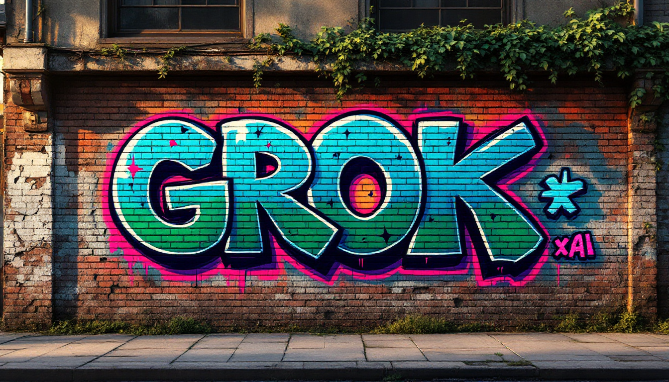 A high-resolution, ultra-realistic digital painting of an **old brick wall** in an urban setting, covered in vibrant graffiti. The graffiti prominently features the text **"Pixel Dojo + GROK From xAI"** in a dynamic, street art style with splashes of neon colors like electric blue, hot pink, and vivid green. The wall should show signs of age with chipped bricks, cracks, and patches of moss or ivy creeping up from the bottom. 

**Artistic Style:** The image should mimic the raw, expressive energy of street art, blending elements of pop art with modern digital painting techniques. 

**Composition:** The graffiti should be the focal point, centered on the wall with the text sprawling across the bricks. The camera angle is slightly low, capturing the wall from a pedestrian's viewpoint, with the top of the wall cutting off mid-frame, suggesting the scene continues beyond the frame.

**Lighting:** The scene is set during golden hour, with the setting sun casting long shadows and highlighting the texture of the bricks, making the graffiti stand out even more. The light has a warm, orange hue, contrasting with the cool neon colors of the graffiti.

**Mood and Atmosphere:** The atmosphere is lively, with a sense of discovery and urban exploration. The wall, though old and worn, vibrates with the energy of the city and the creativity of its inhabitants.

**Technical Aspects:** Utilize techniques like depth of field to blur the background slightly, focusing attention on the graffiti. Use high dynamic range (HDR) to capture the contrast between the wall's texture and the vivid colors of the graffiti, enhancing the visual impact.