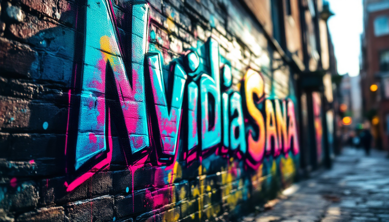 A close-up, high-resolution image of a weathered brick wall, textured with layers of urban grit and grime, in a bustling city alley. The wall is adorned with vibrant, expressive graffiti art featuring the words "Nvidia Sana" in bold, stylized letters. The graffiti uses a mix of vivid neon colors, with splashes of electric blue, vibrant pink, and luminescent green, contrasting against the dull, earthy tones of the bricks. The graffiti style is reminiscent of street art from the early 2000s, with a touch of futuristic elements, suggesting a cyberpunk influence. The composition captures the graffiti at an angle, showcasing the depth of the wall's texture and the three-dimensional effect of the spray paint. The lighting is harsh, with shadows cast by nearby buildings, creating a dramatic chiaroscuro effect. The atmosphere is raw and energetic, evoking a sense of urban vitality, with the time of day being late afternoon, where the sun's rays filter through the buildings, highlighting the graffiti's colors. The focus is sharp on the graffiti, with a shallow depth of field blurring the background slightly, emphasizing the artwork's prominence.