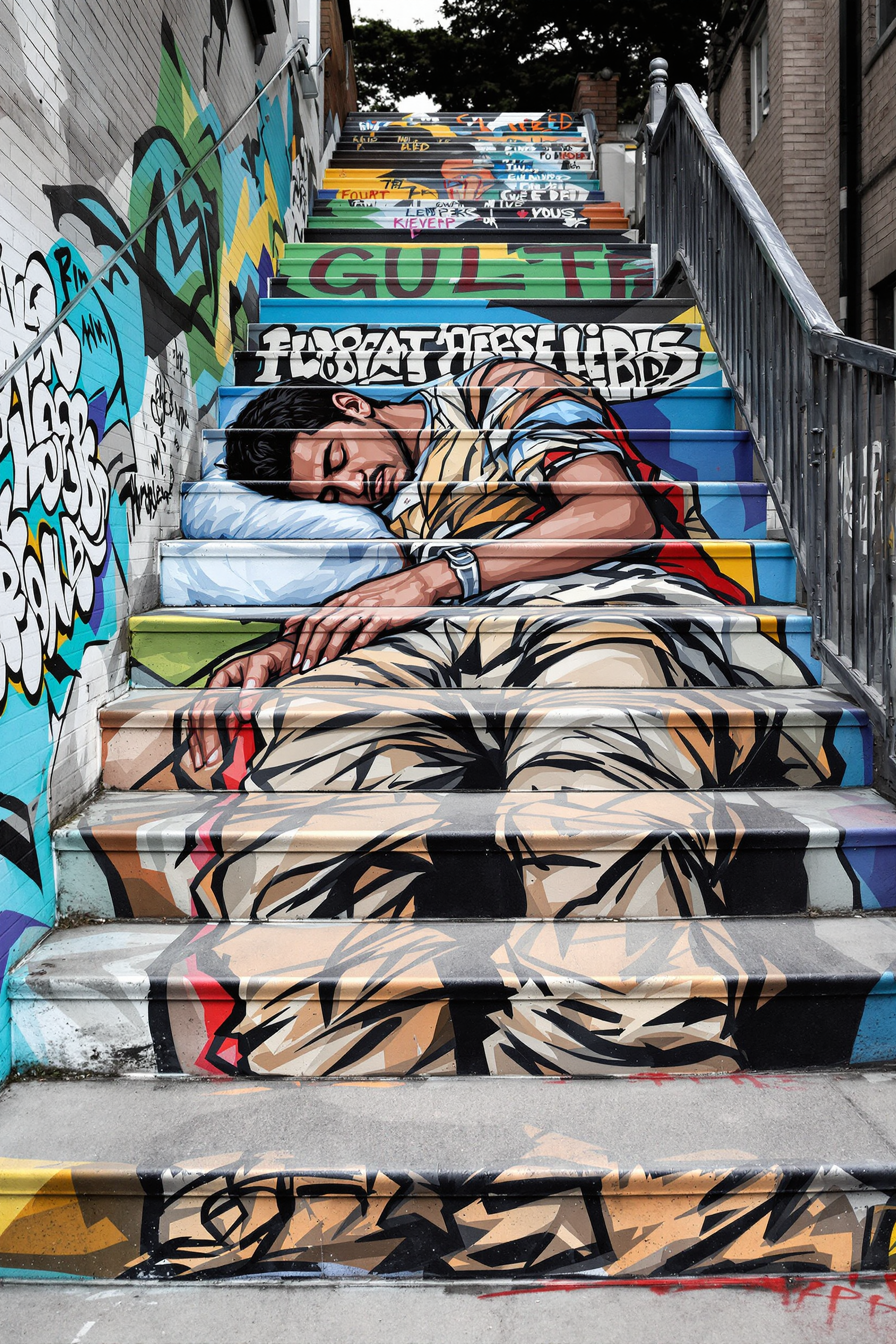 Trompe-l'oeil tegnique, Kevin Lee Art, a vibrant mural painted on outdoor stone steps. The mural features a male person in worn-out, tattered clothing sleeping. The artwork captures themes of hardship and resilience, using bold, contrasting colors and expressive brushstrokes. The stairs are set in an urban environment, with the painting blending into the texture and contours of the stone steps.