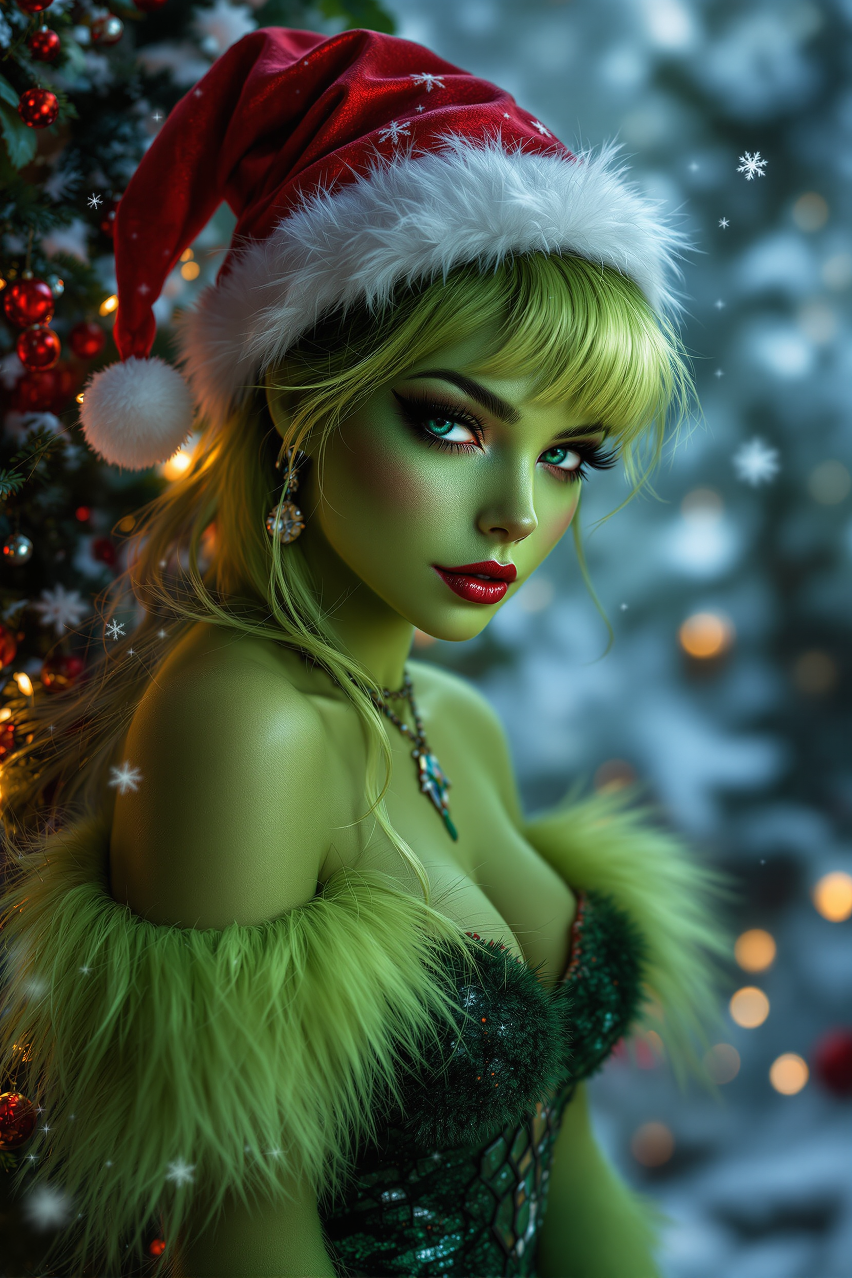 Romantism stunning Andromorphic young woman dressed as the GRINCH, heels, background of snowflakes and mistletoe and 🌟