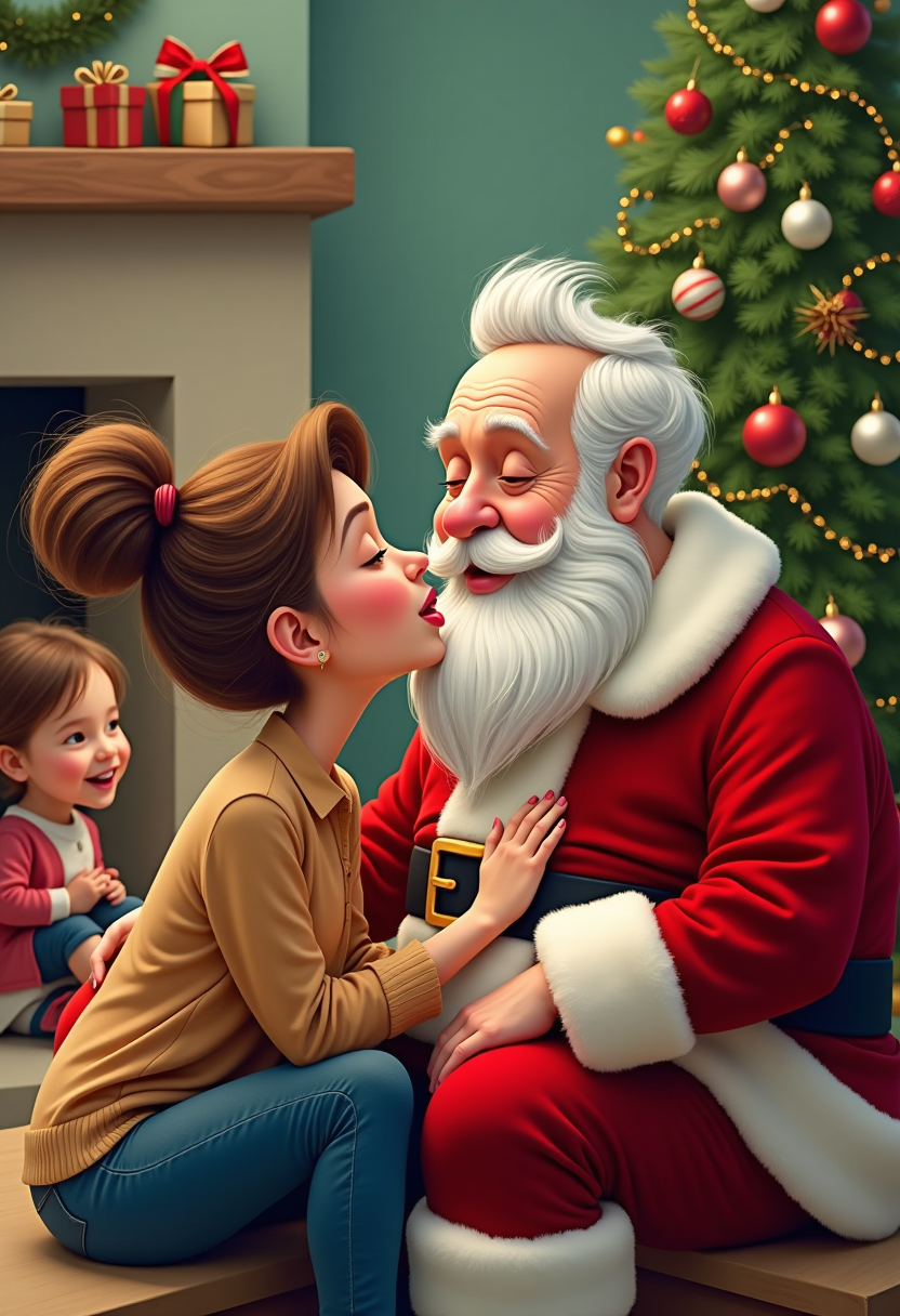 christmas scene, caricature of a woman with a brown messy bun sitting next to a man dressed as Santa with a white beard and hair giving him a kiss. child hiding behind a christmas tree watching in the background.