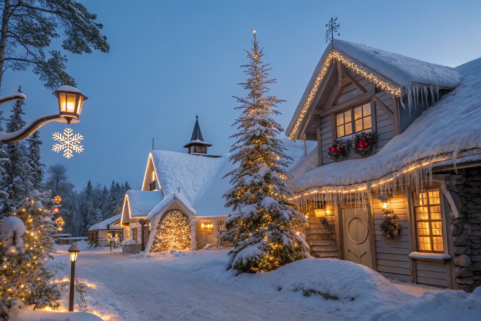 A whimsical village blanketed in a soft layer of glistening snow, each rooftop adorned with frosted icicles that shimmer like diamonds in the gentle twilight. Twinkling lights drape from the eaves, casting a warm, golden glow that dances upon the untouched white surface, creating a magical contrast against the deepening blue of the evening sky. In the center, a towering evergreen stands proudly, its branches heavy with snow and vibrant ornaments, twinkling like stars against the serene backdrop, while a handmade wooden star perched atop glows with a soft, inviting light.

Children bundled in colorful scarves and mittens laugh and play, leaving trails of footprints in the snow as they build a jolly snowman adorned with a carrot nose and a bright red scarf. The air is crisp and filled with the sweet scent of pine and the faint sound of cheerful carols wafting from nearby homes, where windows glow warmly, revealing families gathered around crackling fires. Wisps of smoke curl lazily from chimneys, merging with the chilly air, while the distant sound of sleigh bells jingles softly, evoking a sense of nostalgia and joy.

The scene is framed by snow-laden trees, their branches drooping under the weight, creating a natural archway that invites the viewer into this enchanted winter wonderland. The perspective draws the eye toward the heart of the village, where the spirit of Christmas radiates, encapsulating the essence of warmth, joy, and togetherness in a landscape transformed by snow’s delicate touch.