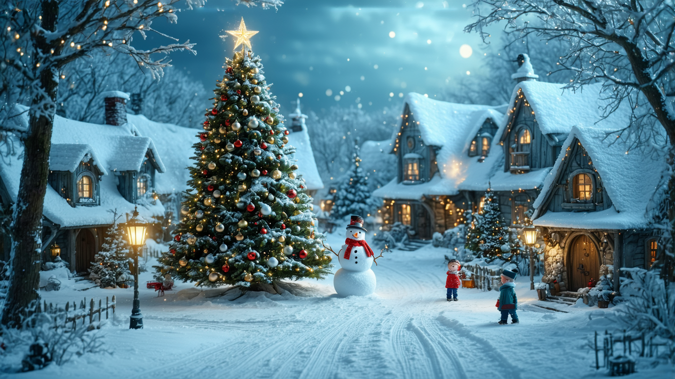 A whimsical village blanketed in a soft layer of glistening snow, each rooftop adorned with frosted icicles that shimmer like diamonds in the gentle twilight. Twinkling lights drape from the eaves, casting a warm, golden glow that dances upon the untouched white surface, creating a magical contrast against the deepening blue of the evening sky. In the center, a towering evergreen stands proudly, its branches heavy with snow and vibrant ornaments, twinkling like stars against the serene backdrop, while a handmade wooden star perched atop glows with a soft, inviting light.

Children bundled in colorful scarves and mittens laugh and play, leaving trails of footprints in the snow as they build a jolly snowman adorned with a carrot nose and a bright red scarf. The air is crisp and filled with the sweet scent of pine and the faint sound of cheerful carols wafting from nearby homes, where windows glow warmly, revealing families gathered around crackling fires. Wisps of smoke curl lazily from chimneys, merging with the chilly air, while the distant sound of sleigh bells jingles softly, evoking a sense of nostalgia and joy.

The scene is framed by snow-laden trees, their branches drooping under the weight, creating a natural archway that invites the viewer into this enchanted winter wonderland. The perspective draws the eye toward the heart of the village, where the spirit of Christmas radiates, encapsulating the essence of warmth, joy, and togetherness in a landscape transformed by snow’s delicate touch.