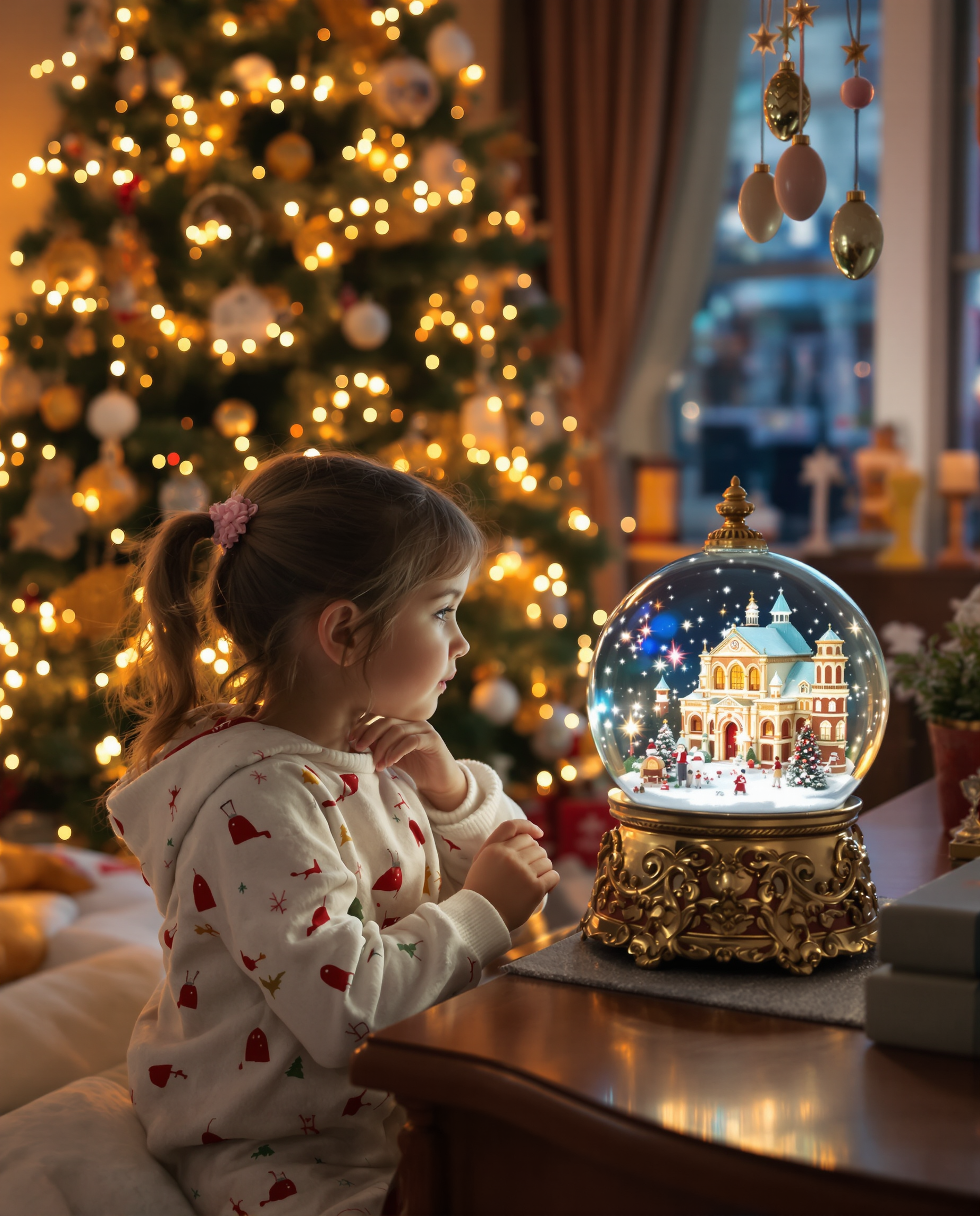 Hyper-realistic photograph, cozy girl's bedroom on Christmas Eve, warm ambient lighting, elaborately decorated Christmas tree with twinkling fairy lights, ornate snow globe on wooden desk, delicate Christmas egg ornaments hanging nearby, young girl in festive pajamas gazing into snow globe with wonder and anticipation for Santa's gifts, magical miniature winter wonderland inside snow globe contrasting with the real world bedroom, soft focus background, shallow depth of field, high-quality cinematic composition, 8K resolution