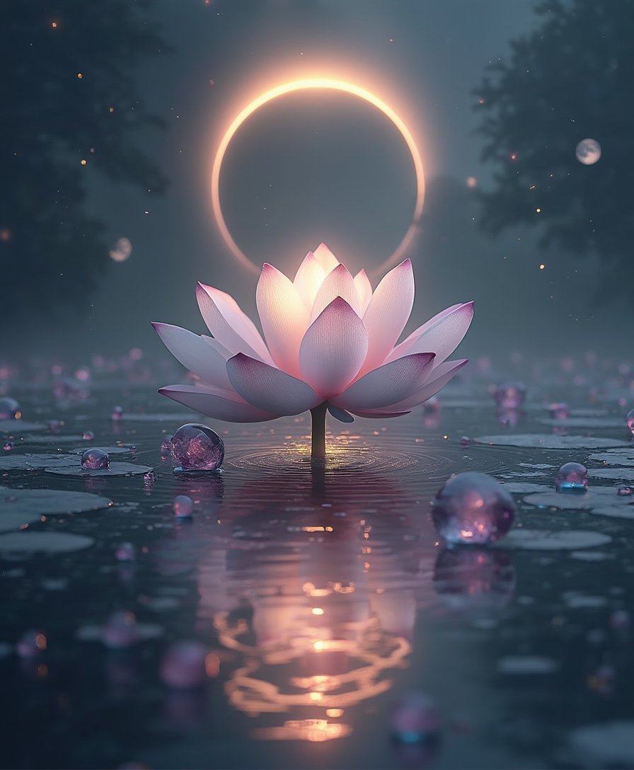 Floating Lotus: A single, glowing lotus suspended in an endless void or over still, reflective water. The lotus symbolizes spiritual awakening and the purity of love emerging from the depths of emptiness.	•	Eclipsed Light: A soft glow emanating from a partially eclipsed moon or sun in the background, suggesting mystery and divine illumination.	•	Crystal Orbs: Scattered, translucent crystal orbs floating weightlessly in the composition, catching the light and adding a surreal, otherworldly touch.	•	Color Palette: Muted, dreamy tones like pearl whites, pale golds, dusky purples, and twilight blues, contrasted by deep blacks and silvers to enhance the serenity and mysticism.