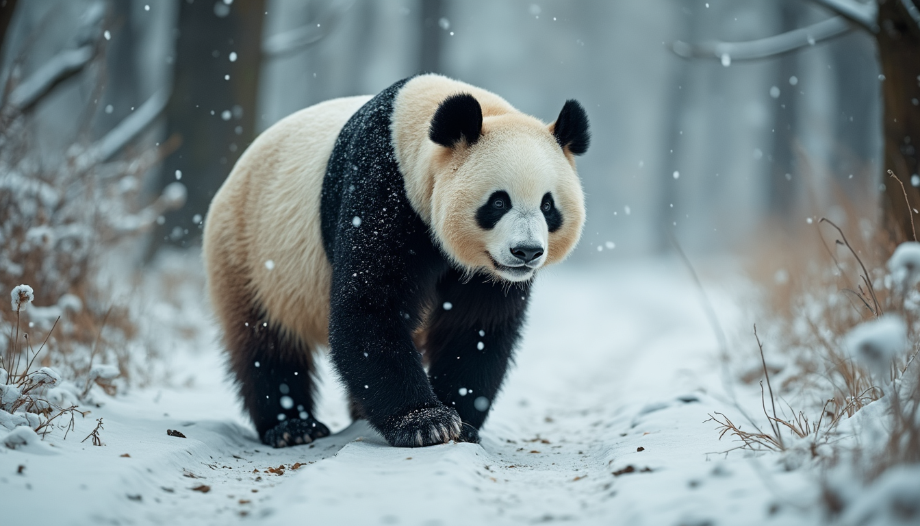 A solitary panda walking through a snow-covered forest, leaving tracks behind it. Snowflakes gently fall, some resting on the panda’s fur. The contrast of the panda’s black-and-white coat against the pure white snow is captured beautifully by the DSLR, with every detail of the fur and snowflakes in sharp focus.
