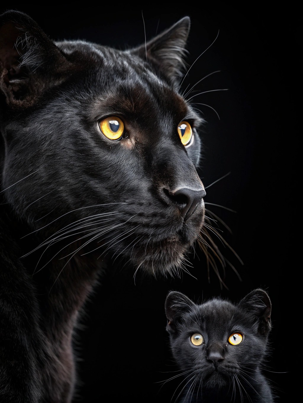 hyper realistic photo of black panther head with bright eyes,  in front a little black kitten with same bright eyes, black background