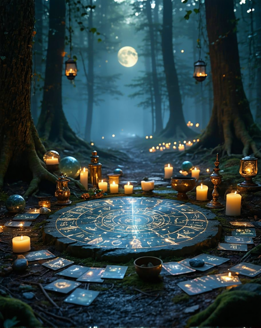 A mystical, serene scene of a sacred altar deep within an enchanted forest at dusk. The altar is circular and carved from ancient stone, covered with glowing runes and symbols of the zodiac. Around the altar are shimmering crystal balls, tarot cards, and a golden chalice, all softly illuminated by floating lanterns and flickering candles. In the background, ethereal light filters through tall, twisted trees, casting long shadows. A mist swirls at ground level, giving the scene a dreamlike quality, while a crescent moon and a cluster of sparkling stars hang in the twilight sky. The atmosphere feels magical, inviting, and charged with divine energy, perfect for introspection and connection to higher realms.